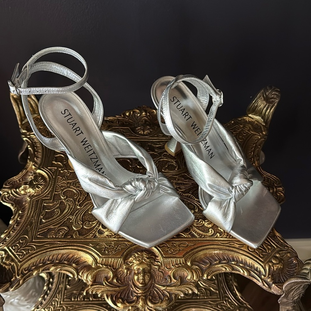 Stuart Weitzman Playa Ankle Strap Sandal, Silver New size -7